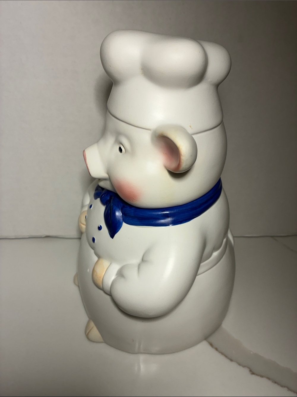 Ckao White Ceramic Chef Pig Cookie Jar with Blue Scarf and Pink Accents - Picture 3 of 8